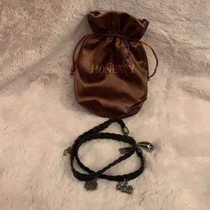 Honesty Black leather clasp wrap charm bracelet.